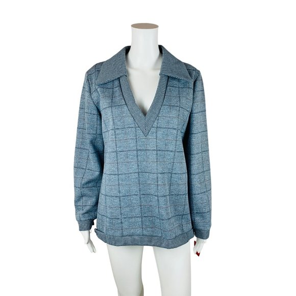 Vintage 1970s Blue Plaid Polyester Top Deadstock Deep V-Neck B 43" - Picture 1 of 10